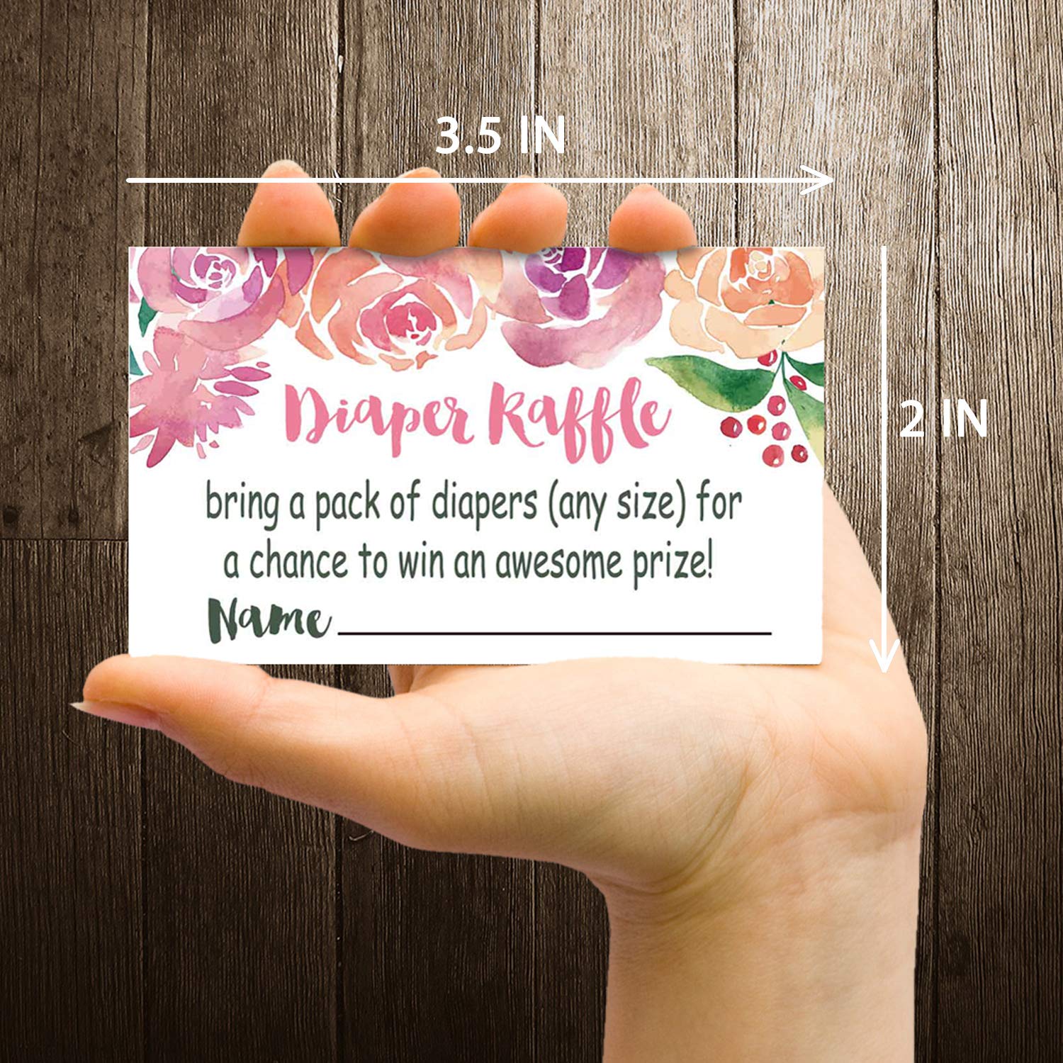 50 Watercolor Flowers Diaper Raffle Tickets for Baby Shower Invitation Inserts, Baby Shower Game Cards.