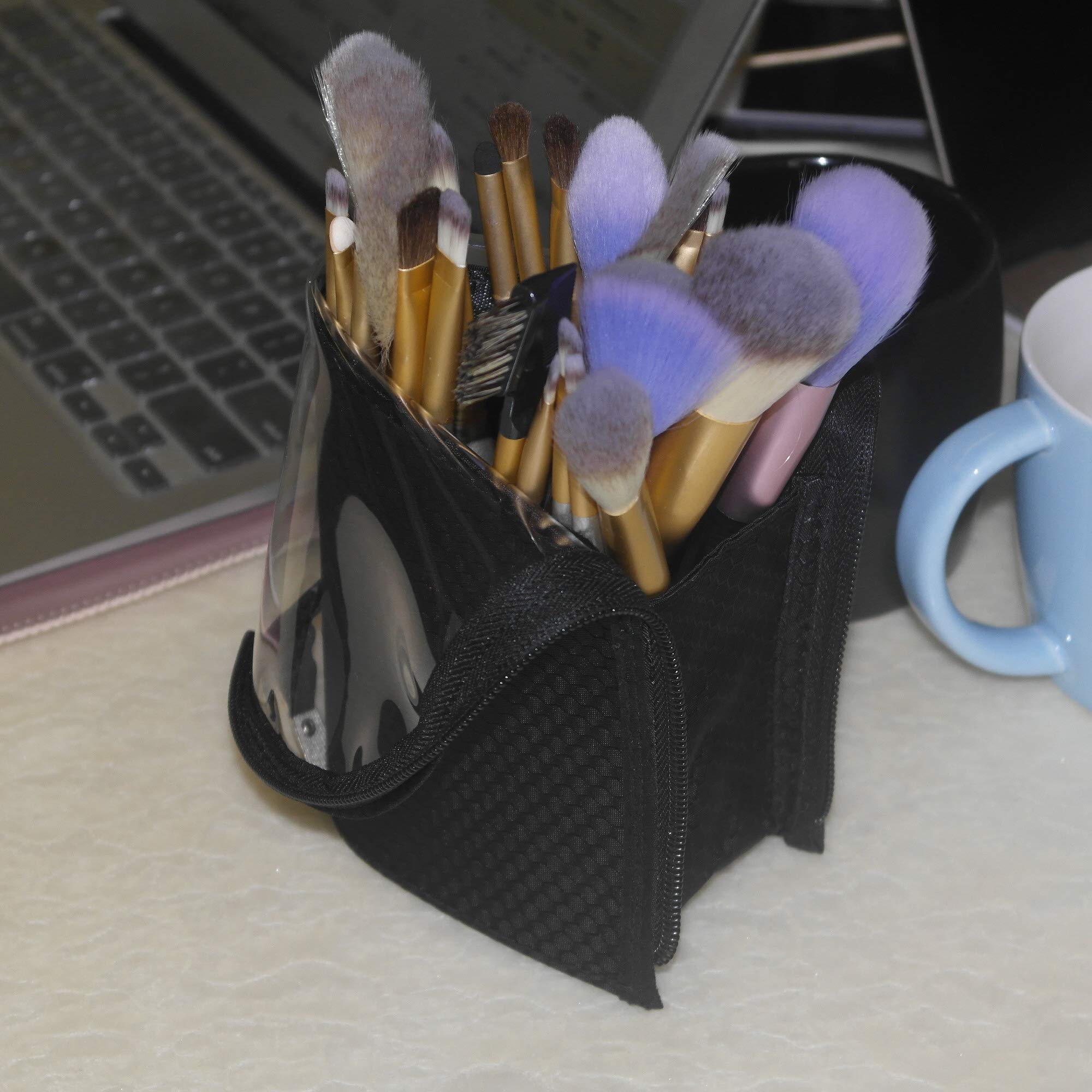 ANEMEL Black Travel Makeup Brush Holder, Organizer Bag Clear Plastic Cosmetic Zipper Pouch Portable Waterproof Dust-Free Stand-Up Small Toiletry Stationery Bag with Divider