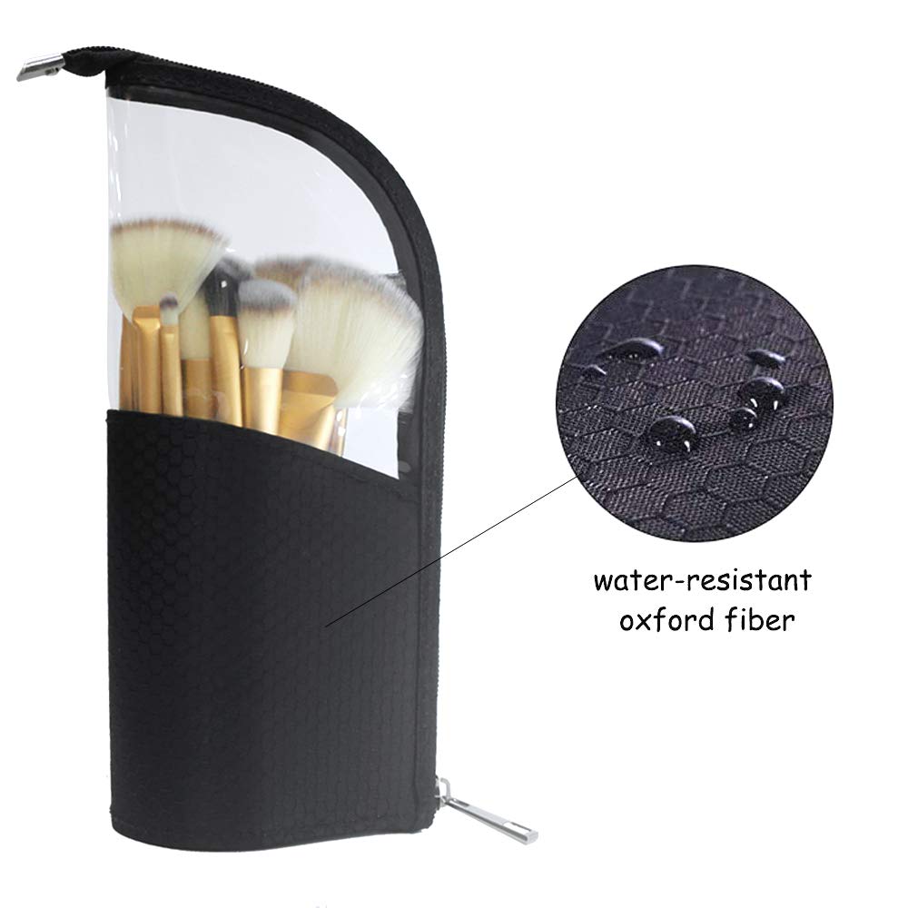 ANEMEL Black Travel Makeup Brush Holder, Organizer Bag Clear Plastic Cosmetic Zipper Pouch Portable Waterproof Dust-Free Stand-Up Small Toiletry Stationery Bag with Divider