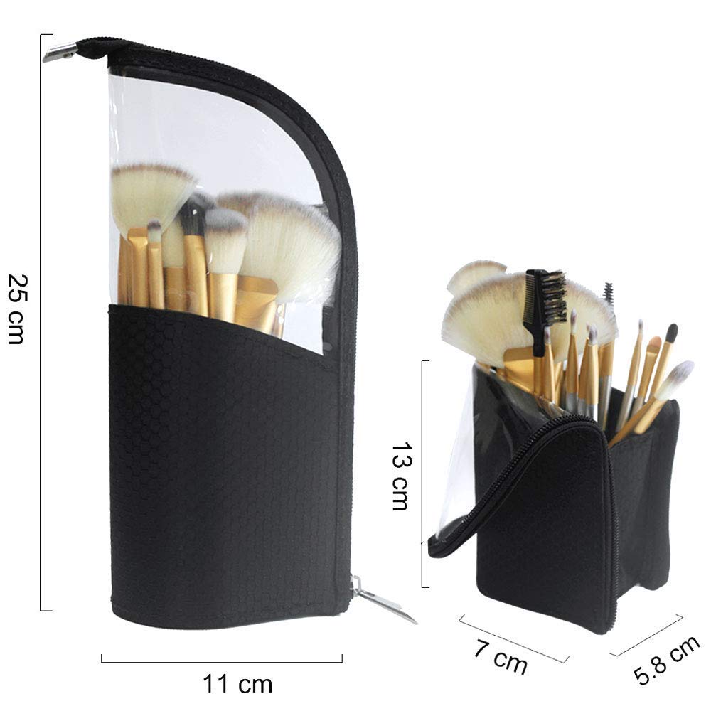 ANEMEL Black Travel Makeup Brush Holder, Organizer Bag Clear Plastic Cosmetic Zipper Pouch Portable Waterproof Dust-Free Stand-Up Small Toiletry Stationery Bag with Divider