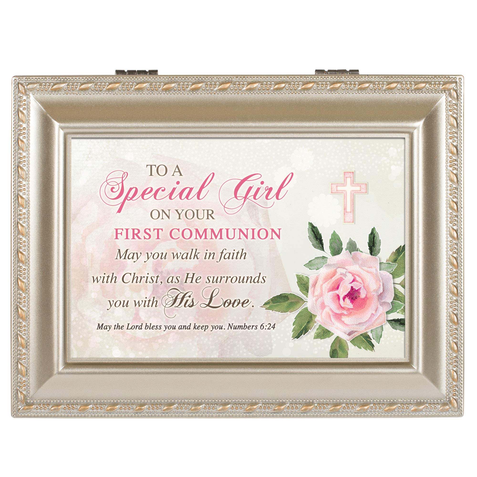 Cottage Garden Special Girl On Your Communion Champagne Goldtone Trim Jewelry Music Box Plays Jesus Loves Me