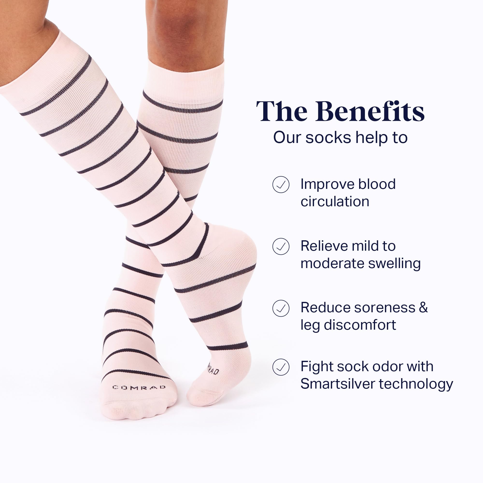 Comrad Nylon Knee High Socks - 15-20mmHg Graduated Compression Socks, (Medium, Rose/Navy) - Soft & Breathable Support Socks for Men, Pregnant Women, Nurses, Home, Work, & Travel