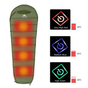 Mummy Sleeping Bag with Composite Fiber Heating Plate, Compression Sack for 3-4 Season Lightweight, Water Resistant & Warm for Camping, Hiking, Traveling and Outdoors（Power Bank NOT Included）