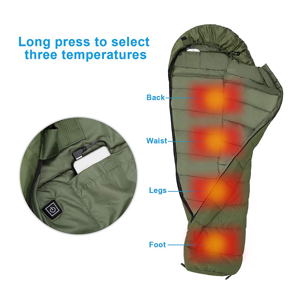 Mummy Sleeping Bag with Composite Fiber Heating Plate, Compression Sack for 3-4 Season Lightweight, Water Resistant & Warm for Camping, Hiking, Traveling and Outdoors（Power Bank NOT Included）