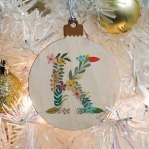 Letter K Floral Monogram Initial Wood Christmas Tree Holiday Ornament