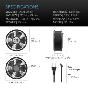 AC Infinity AXIAL 2589, Muffin Fan 10", 120V AC Ø254mm x 89mm High Speed, for DIY Cooling Ventilation Exhaust Projects