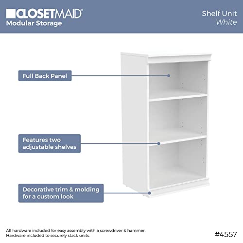 ClosetMaid Modular Storage Shelf Unit with 3 Shelves, Wood Closet Organizer Adjustable, Stacking, Full Backer, Decorative Trim, White, 40.29 H x 21.39 in. W x 15.91 in. D