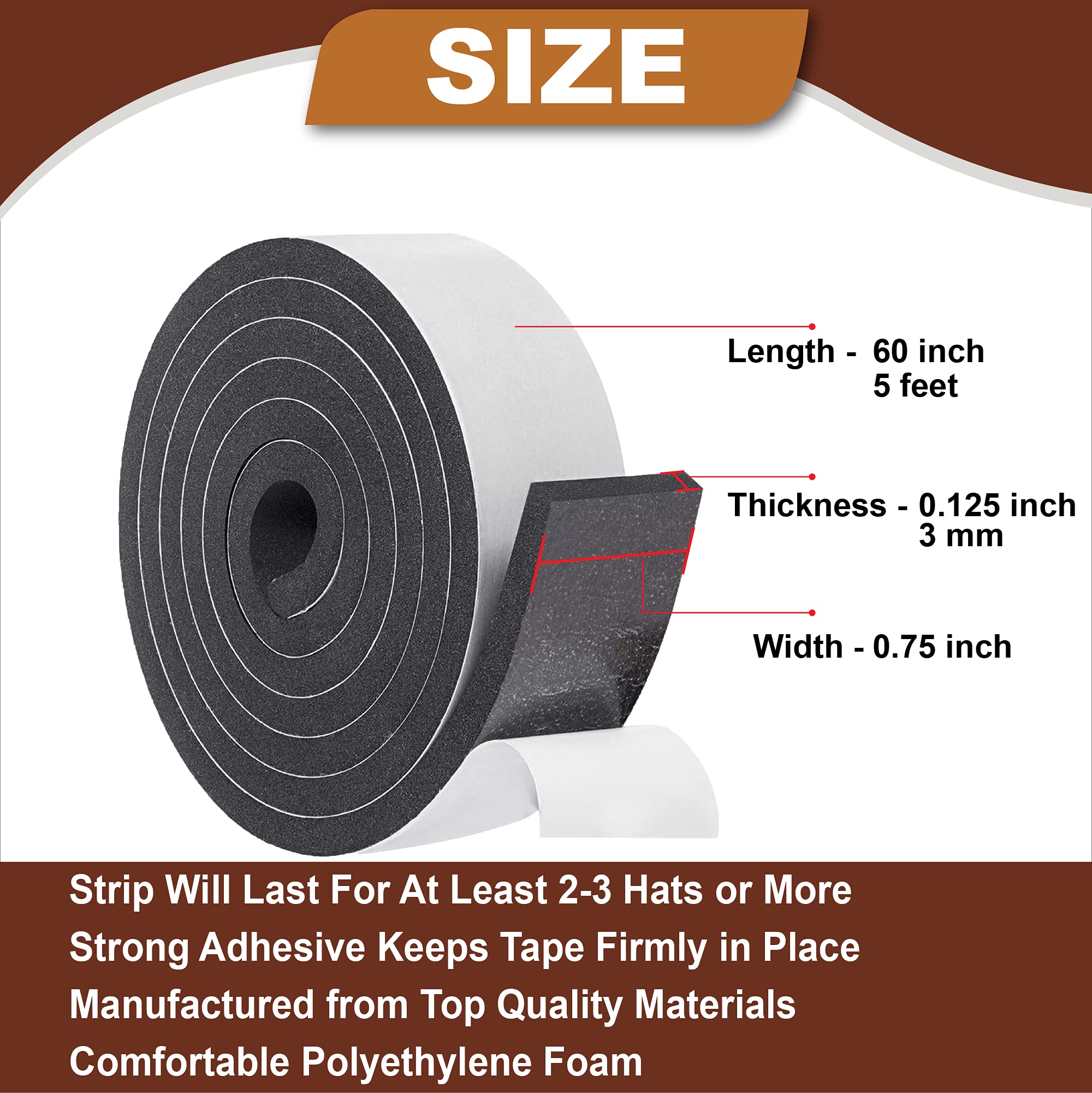 Hat Tape Roll 60" (5 Feet) - Hard Hats Size Reducer Foam Filler - Cap Sizing Strip Insert - for Fedora, Baseball Caps, Pana, Straw, Cowboy, Western