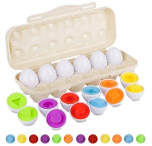 hhyn matching eggs set with beige eggs holder, upgraded toddler egg toys learning shapes and colors educational puzzle sorting games improve motor skills for kids easter gift, 12 eggs