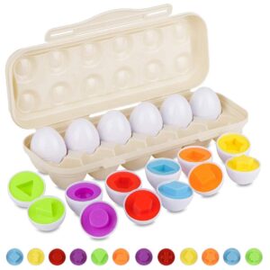 Hhyn Matching Eggs Set with Beige Eggs Holder, Upgraded Toddler Egg Toys Learning Shapes and Colors Educational Puzzle Sorting Games Improve Motor Skills for Kids Easter Gift, 12 Eggs