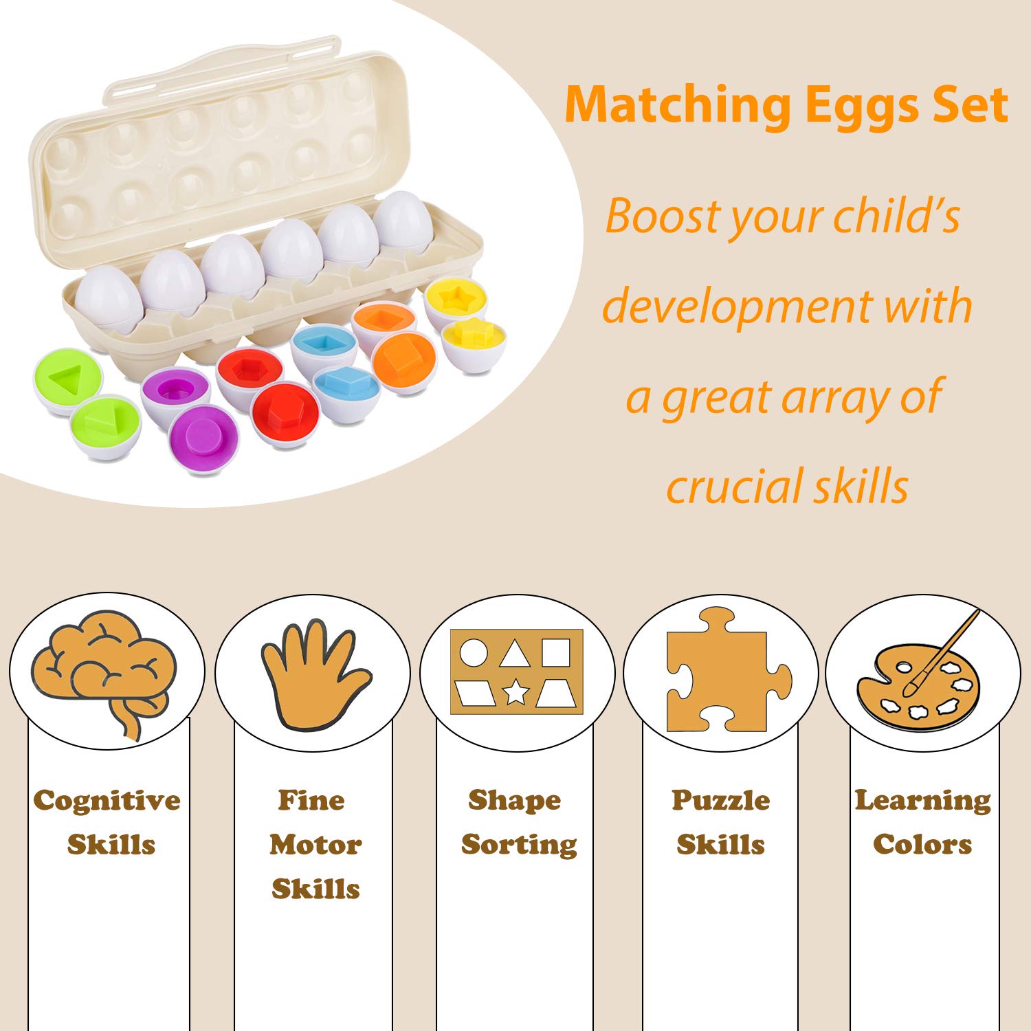 Hhyn Matching Eggs Set with Beige Eggs Holder, Upgraded Toddler Egg Toys Learning Shapes and Colors Educational Puzzle Sorting Games Improve Motor Skills for Kids Easter Gift, 12 Eggs