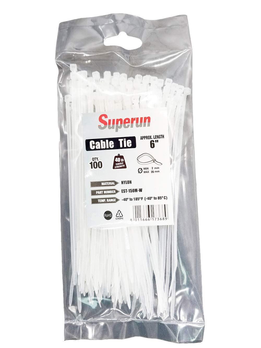 Superun Clear Zip Ties 6 Inch, 40 Lbs Tensile Strength Wire Ties (Industrial Grade Cable Ties) Pack of 100 White