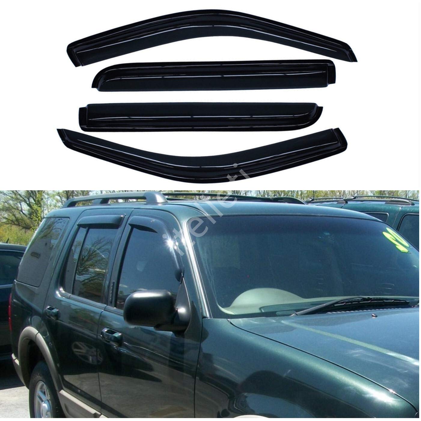 itelleti 4pcs Outside Mount Dark Smoke Sun/Rain Guard Front+Rear Tape-On Auto Window Visors for 02-10 Ford Explorer Mercury Mountaineer 03-05 Lincoln Aviator 4-Door