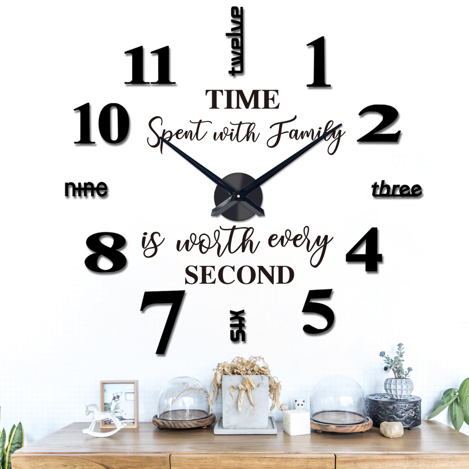 VREAONE Frameless DIY Wall Clock,Large Modern 3D Mirror Sticker kit for Home Living Room Bedroom Office Wall Decorations(Black)