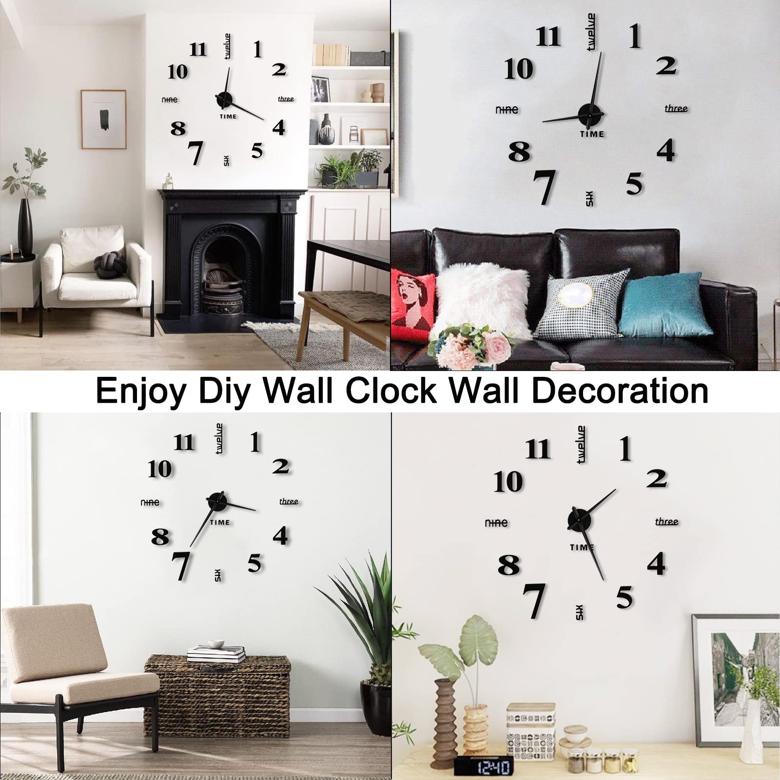 VREAONE Frameless DIY Wall Clock,Large Modern 3D Mirror Sticker kit for Home Living Room Bedroom Office Wall Decorations(Black)