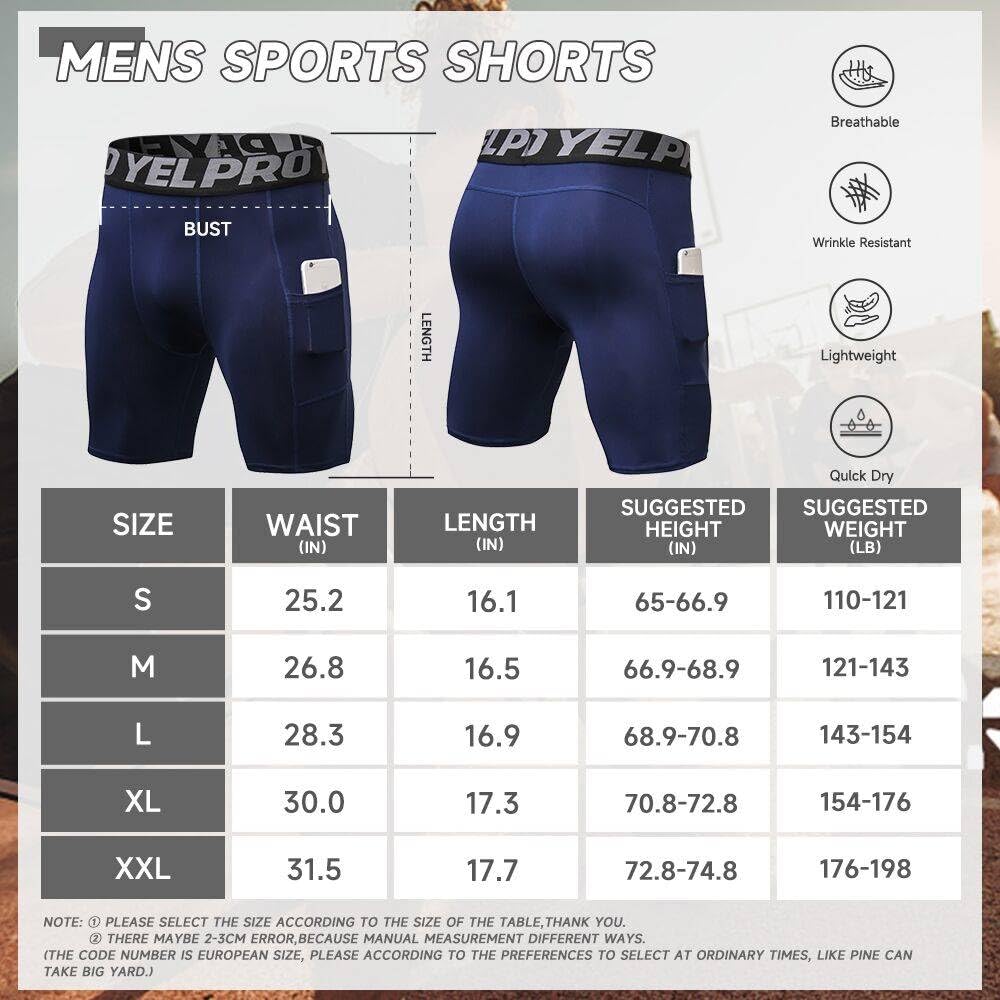 Yuerlian Compression Shorts Men with Pocket Spandex Sport Shorts Athletic Workout Running Performance Baselayer Underwear 3 Packs