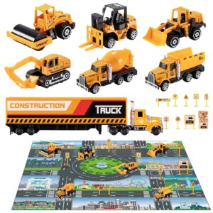 temi diecast engineering construction vehicle toy set w/play mat,truck carrier, forklift, bulldozer, excavator,dump truck, alloy metal car toys set for 3 4 5 6 years old toddlers kids boys & girls