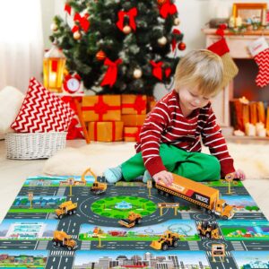 TEMI Diecast Engineering Construction Vehicle Toy Set w/Play Mat,Truck Carrier, Forklift, Bulldozer, Excavator,Dump Truck, Alloy Metal Car Toys Set for 3 4 5 6 Years Old Toddlers Kids Boys & Girls