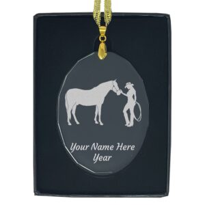 lasergram christmas ornament, horse and cowgirl, personalized engraving included (oval shape)