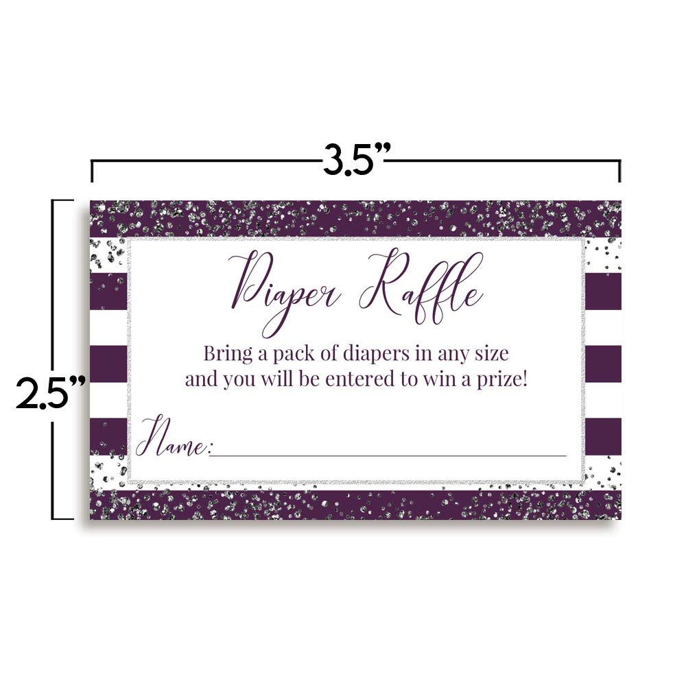 Beautiful Striped Purple & Silver Diaper Raffle Tickets for Girl Baby Showers, 20 2" X 3” Double Sided Insert Cards for Games by AmandaCreation, Bring a Pack of Diapers to Win Favors & Prizes!