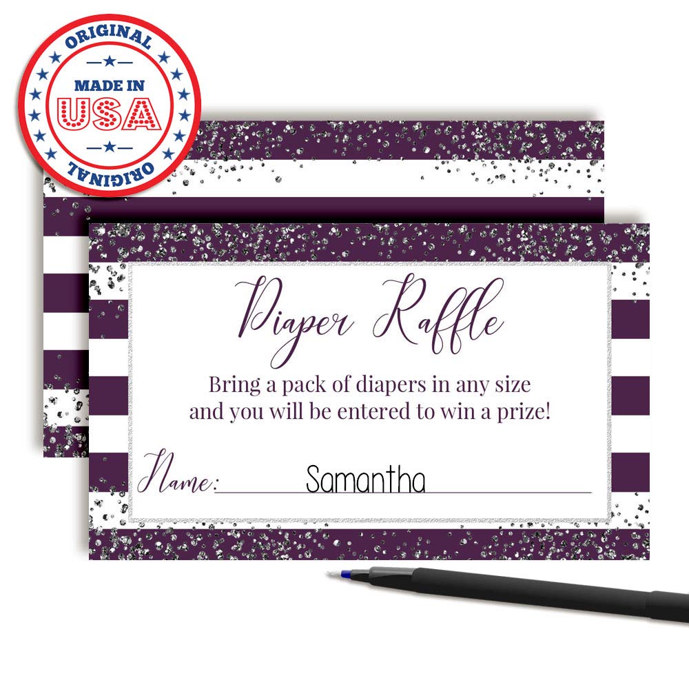 Beautiful Striped Purple & Silver Diaper Raffle Tickets for Girl Baby Showers, 20 2" X 3” Double Sided Insert Cards for Games by AmandaCreation, Bring a Pack of Diapers to Win Favors & Prizes!