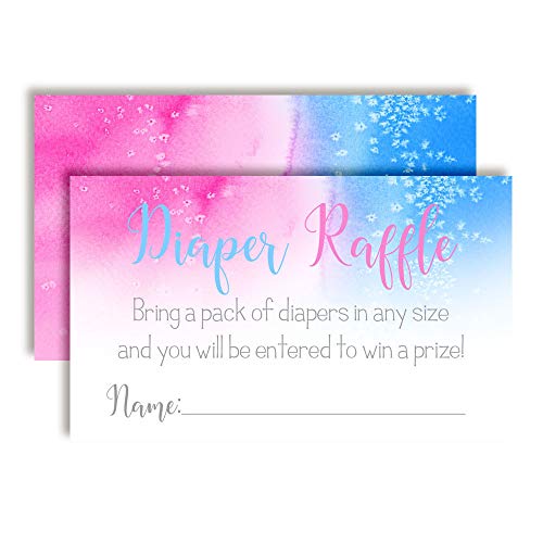 Pink & Blue Watercolor Diaper Raffle Tickets for Gender Reveal Baby Showers, 20 2" X 3” Double Sided Insert Cards for Games by AmandaCreation, Bring a Pack of Diapers to Win Favors & Prizes!