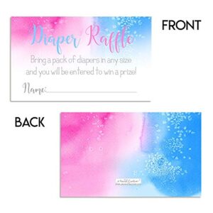 Pink & Blue Watercolor Diaper Raffle Tickets for Gender Reveal Baby Showers, 20 2" X 3” Double Sided Insert Cards for Games by AmandaCreation, Bring a Pack of Diapers to Win Favors & Prizes!