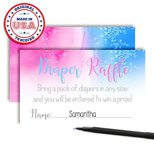 Pink & Blue Watercolor Diaper Raffle Tickets for Gender Reveal Baby Showers, 20 2" X 3” Double Sided Insert Cards for Games by AmandaCreation, Bring a Pack of Diapers to Win Favors & Prizes!