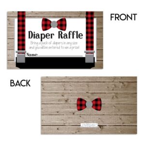 Amanda Creation Little Man Bow Tie Buffalo Plaid Suspenders Diaper Raffle Tickets for Boy Baby Showers, 20 2" X 3” Double Sided Inserts, Bring a Pack of Diapers to Win Favors & Prizes