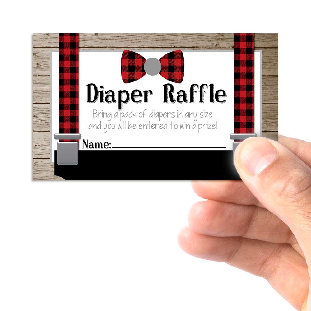 Amanda Creation Little Man Bow Tie Buffalo Plaid Suspenders Diaper Raffle Tickets for Boy Baby Showers, 20 2" X 3” Double Sided Inserts, Bring a Pack of Diapers to Win Favors & Prizes