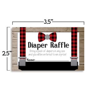 Amanda Creation Little Man Bow Tie Buffalo Plaid Suspenders Diaper Raffle Tickets for Boy Baby Showers, 20 2" X 3” Double Sided Inserts, Bring a Pack of Diapers to Win Favors & Prizes