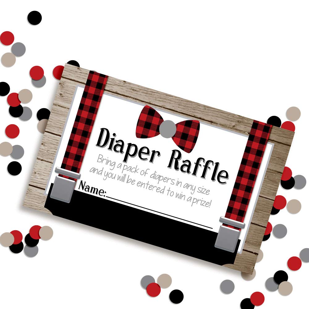 Amanda Creation Little Man Bow Tie Buffalo Plaid Suspenders Diaper Raffle Tickets for Boy Baby Showers, 20 2" X 3” Double Sided Inserts, Bring a Pack of Diapers to Win Favors & Prizes