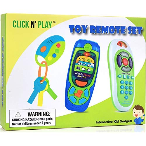 Click N' Play Pretend Play Cell Phone TV Remote & Car Key Accessory Playset for Kids with Lights Music & Sounds (Set of 3)