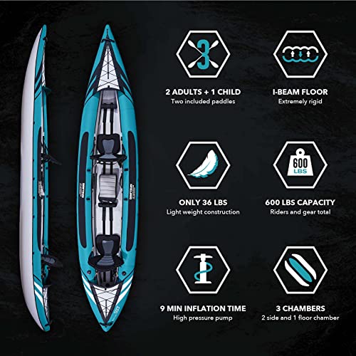 Driftsun Almanor Inflatable Kayak - Inflatable White Water Kayak - 1 and 2 Person Kayaks for Adults with EVA Padded Seats, High Back Support, Paddles, Pump (1 Person, 2 Person, 2 Plus 1 Child)