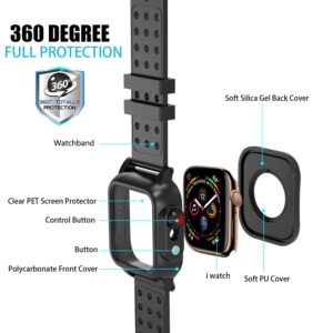 Realproof Waterproof Case for Apple Watch Series SE | SE2 | 6 | 5 | 4 44MM with 3PCS Premium Soft Silicone Band, Dropproof Shockproof Resistant Rugged Protective iWatch Case Bulit-in Screen Protector