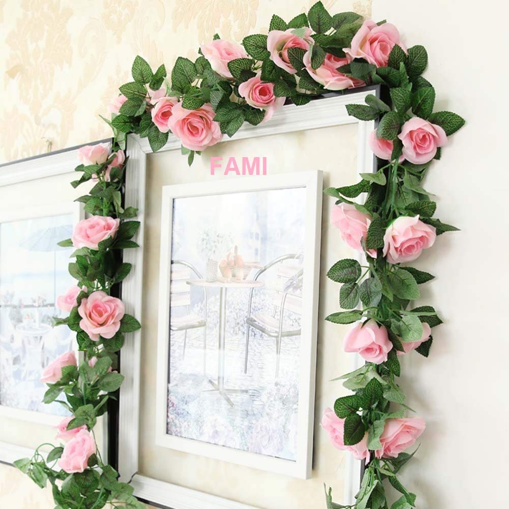 FAMI 4PCS(28.8 FT,16 Flowers) Artificial Rose Vine Garland Silk Flower Hanging Baskets Plants for Indoor Outdoor Home Wedding Arch Garden Wall Decor-Pink