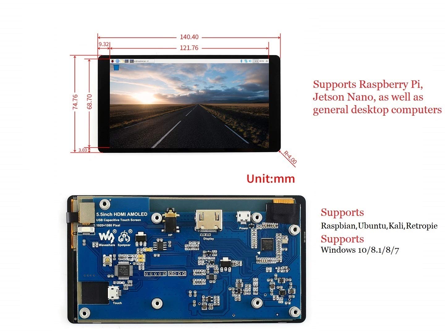 waveshare 5.5 inch HDMI AMOLED Display 1920x1080 Resolution Monitor Capacitive Touch Screen with Toughened Glass Cover for Raspberry Pi/Jetson Nano/PC Support Multi Systems