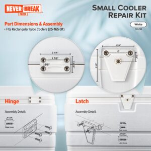 NeverBreak Parts - Igloo Cooler Replacement Parts - Small White Kit (2 Hinges, 1 Latch with Post and Screws) | High Strength Igloo Cooler Hinges Replacement with Latch