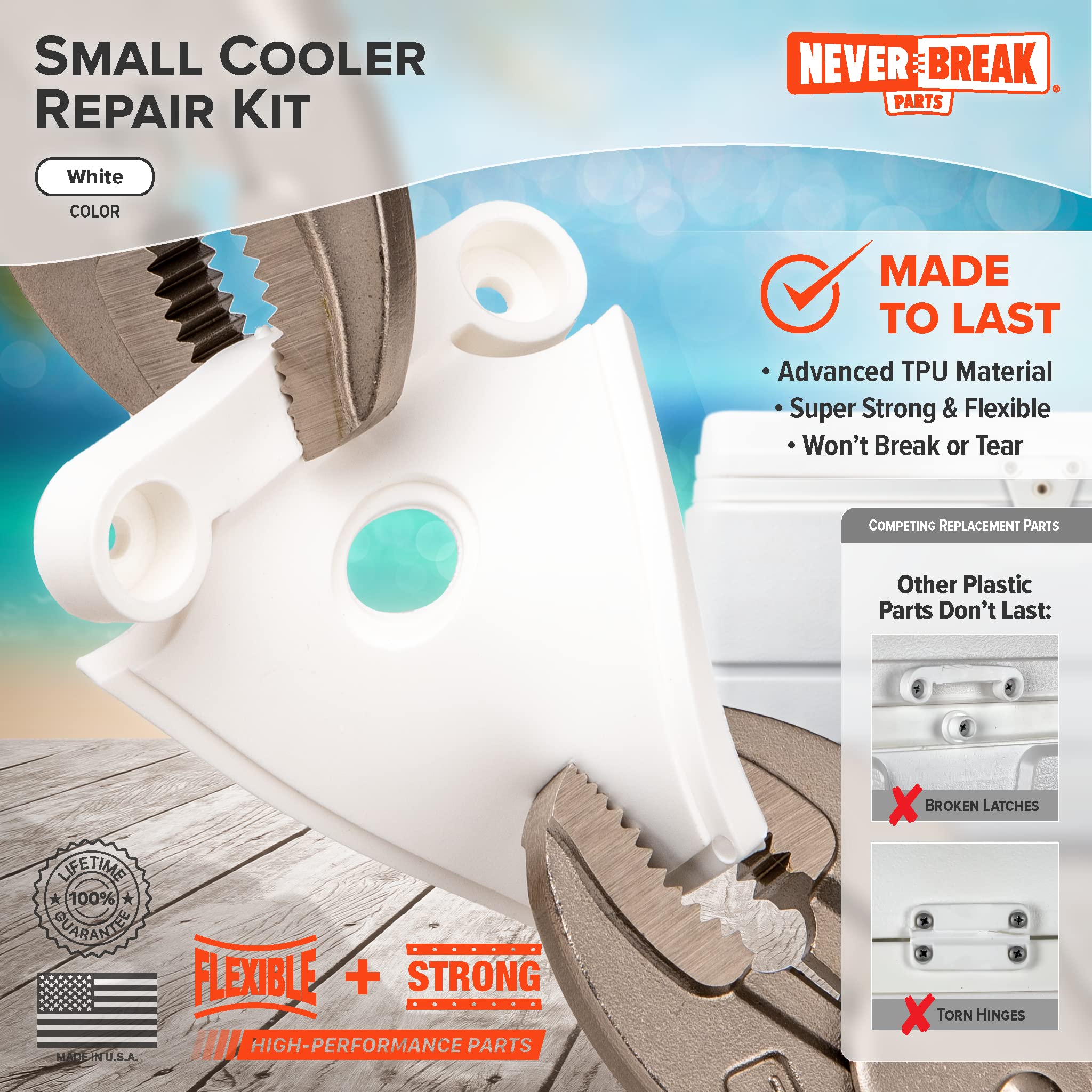 NeverBreak Parts - Igloo Cooler Replacement Parts - Small White Kit (2 Hinges, 1 Latch with Post and Screws) | High Strength Igloo Cooler Hinges Replacement with Latch