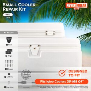 NeverBreak Parts - Igloo Cooler Replacement Parts - Small White Kit (2 Hinges, 1 Latch with Post and Screws) | High Strength Igloo Cooler Hinges Replacement with Latch