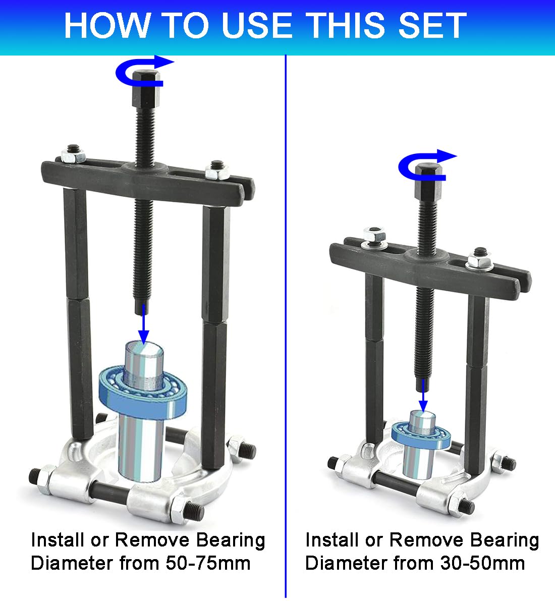 YOTOO Bearing Puller Set, 5 Ton Capacity Bearing Separator Kit with 2" and 3" Jaws, Wheel Hub Axle Puller Set, Heavy Duty Bearing Splitter Tool Kit with Case, Blue