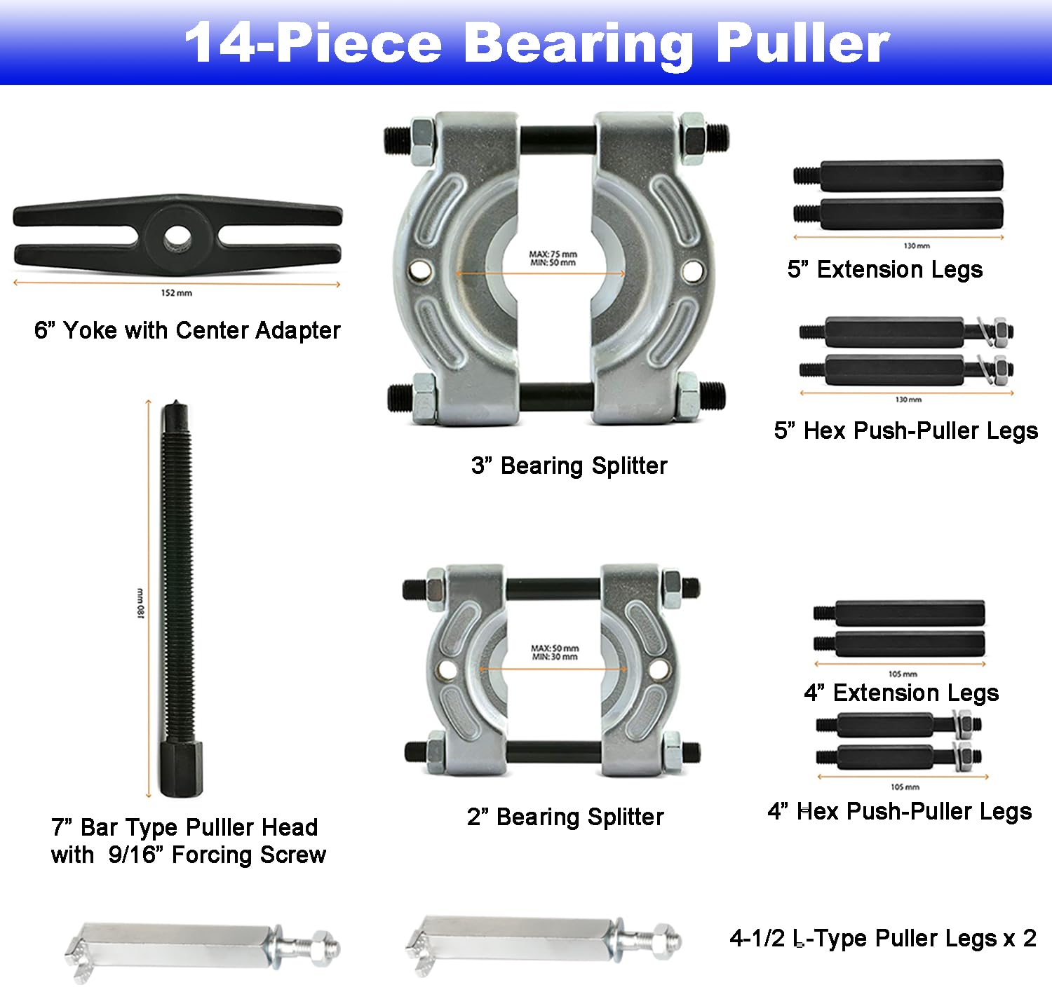 YOTOO Bearing Puller Set, 5 Ton Capacity Bearing Separator Kit with 2" and 3" Jaws, Wheel Hub Axle Puller Set, Heavy Duty Bearing Splitter Tool Kit with Case, Blue