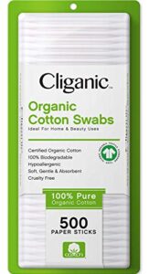 cliganic organic cotton swabs, 500 count - 100% pure natural cotton, chlorine-free hypoallergenic, soft, gentle & absorbent buds