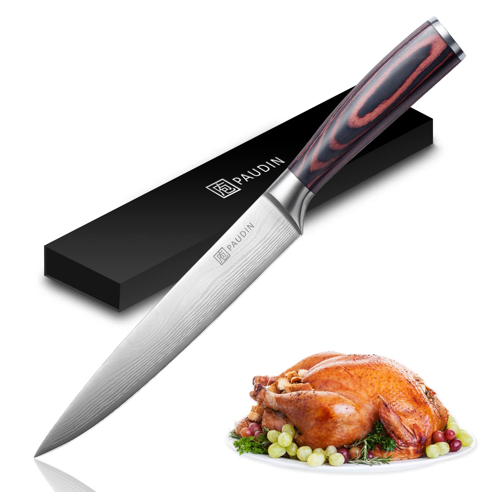 PAUDIN Carving Knife 8 inch, Ultra Sharp Brisket Slicing Knife, Premium Meat Cutting Knife German Stainless Steel, BBQ Knife with Ergonomic Handle, for Slicing Roast, Meats and Vegetables