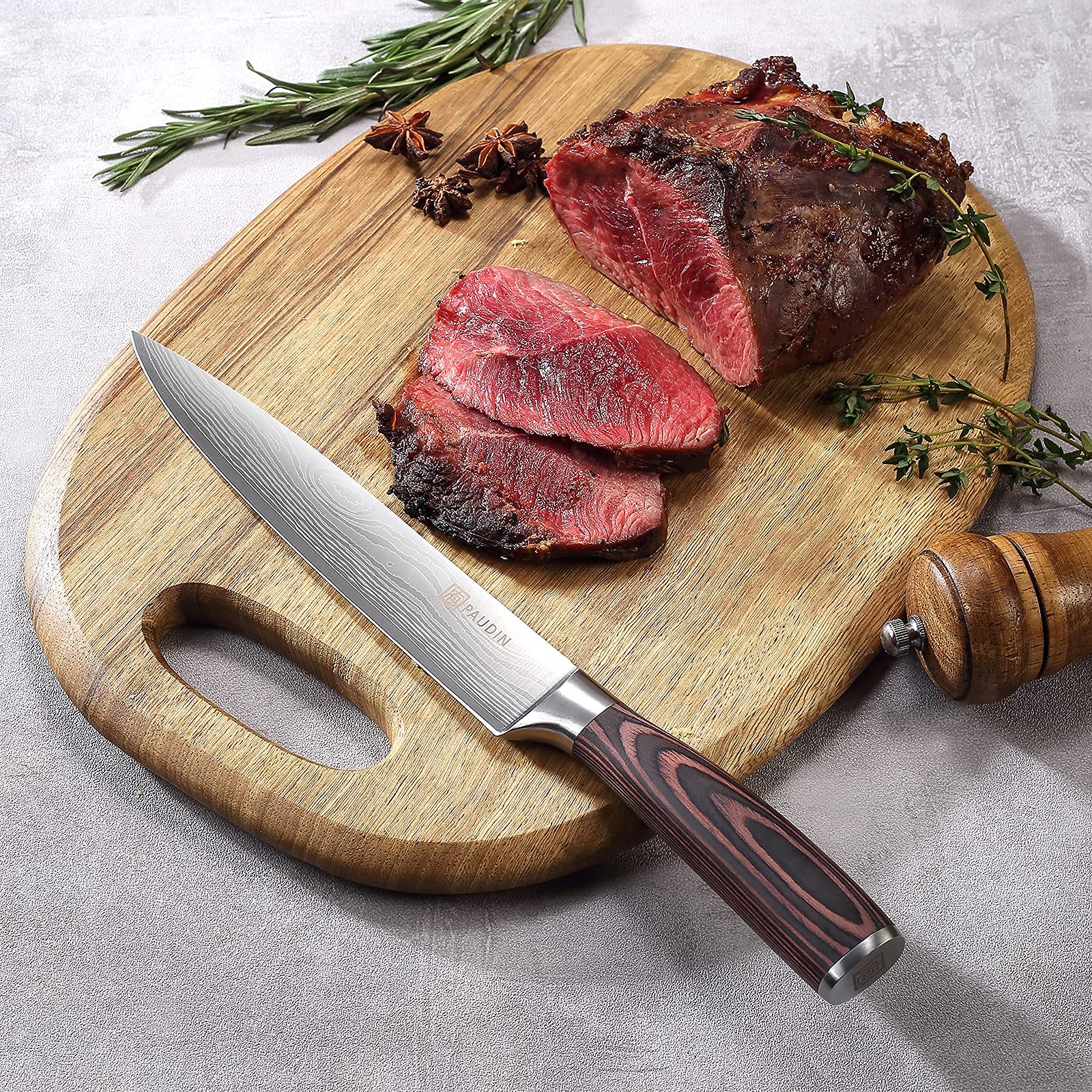 PAUDIN Carving Knife 8 inch, Ultra Sharp Brisket Slicing Knife, Premium Meat Cutting Knife German Stainless Steel, BBQ Knife with Ergonomic Handle, for Slicing Roast, Meats and Vegetables