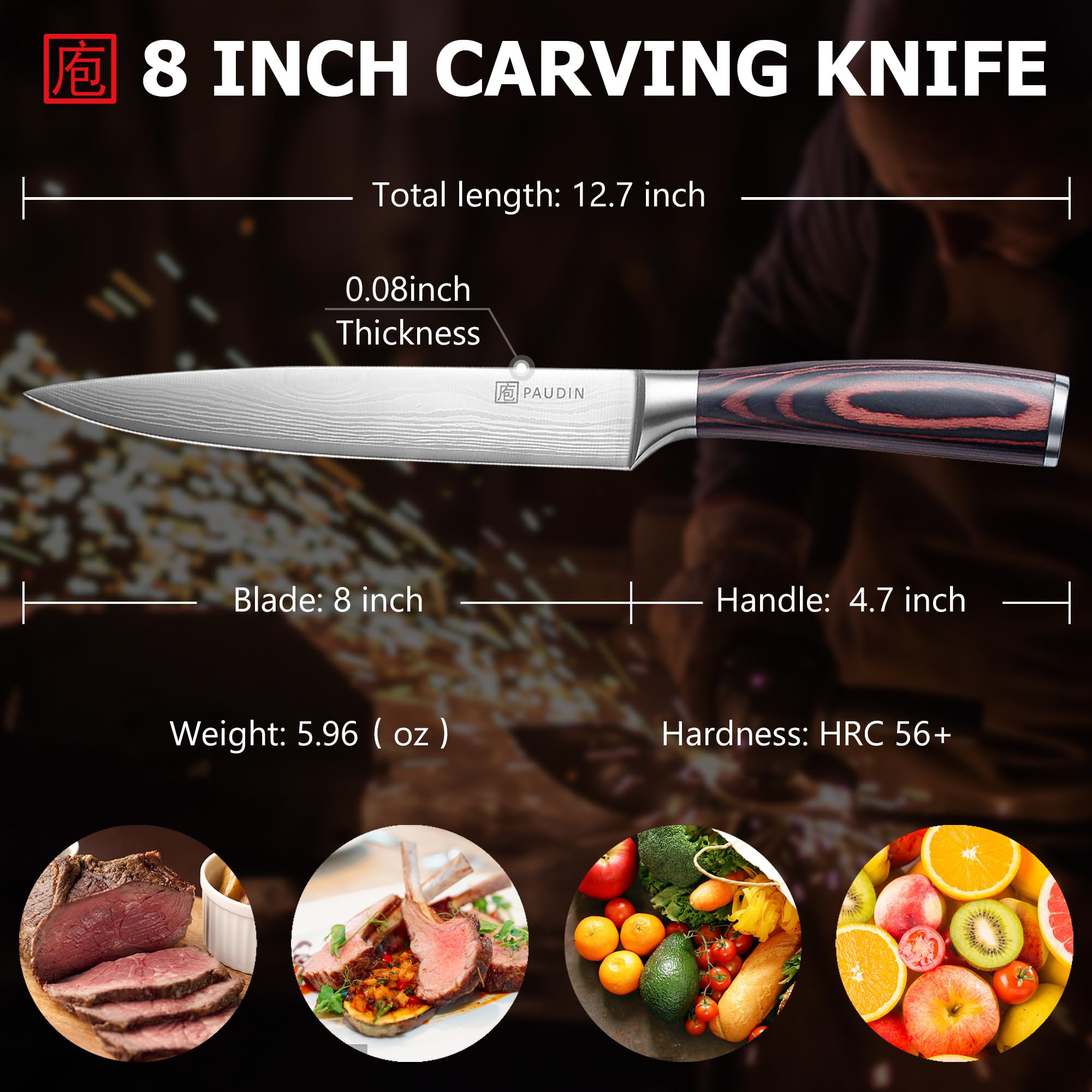 PAUDIN Carving Knife 8 inch, Ultra Sharp Brisket Slicing Knife, Premium Meat Cutting Knife German Stainless Steel, BBQ Knife with Ergonomic Handle, for Slicing Roast, Meats and Vegetables