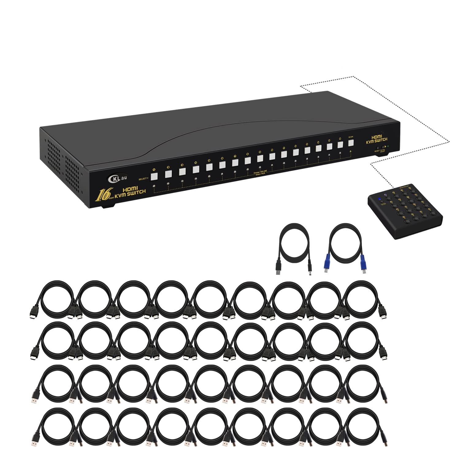 CKLau 4Kx2K HDMI KVM Switch 16 Port with Cables, Rack Mount KVM Switch Support HDCP, EDID for Windows, Linux, Mac, Debian, Ubuntu, Fedora, Raspberry Pi and Ubuntu