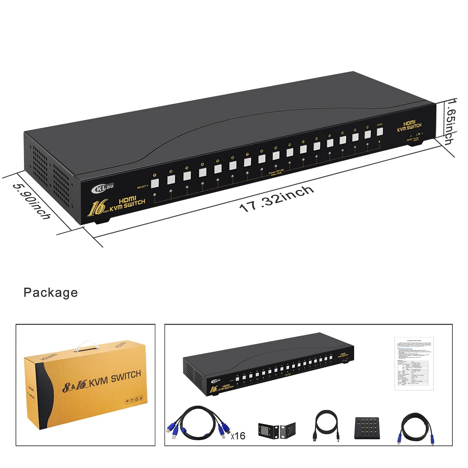 CKLau 4Kx2K HDMI KVM Switch 16 Port with Cables, Rack Mount KVM Switch Support HDCP, EDID for Windows, Linux, Mac, Debian, Ubuntu, Fedora, Raspberry Pi and Ubuntu