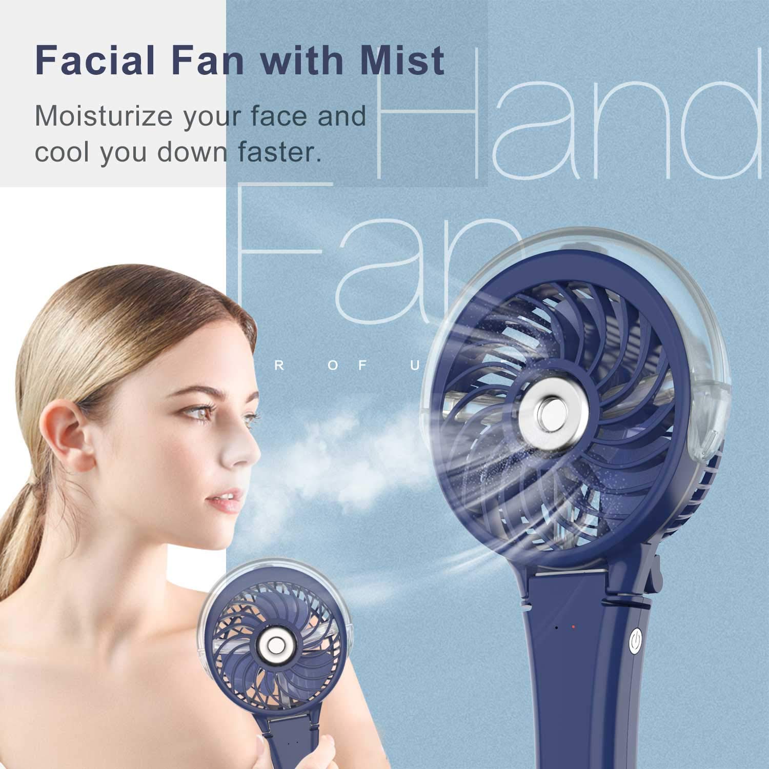 HandFan Portable Handheld Misting Fan, Rechargeable Personal Mister Fan, Battery Operated Spray Water Mist Fan, Foldable Electric Mini Cooling Hand Fans for Beach Travel Outdoors Makeup(Royal Blue)