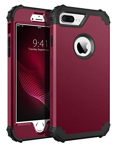 BENTOBEN Case for iPhone 8 Plus/iPhone 7 Plus, 3 Layer Hybrid Hard PC Soft Rubber Heavy Duty Rugged Bumper Shockproof Anti Slip Full-Body Protective Phone Cover , Wine Red